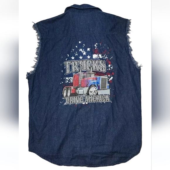 American Trucker Patriotic Flag Denim Shirt Trucks Men's 3XL Blue Jean Vest EUC - Picture 2 of 5